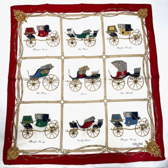 Unused Celine Paris Mini Scarf/Handkerchief Cotton 18" Ivery Red Gold Chariot(60 - Picture 1 of 6